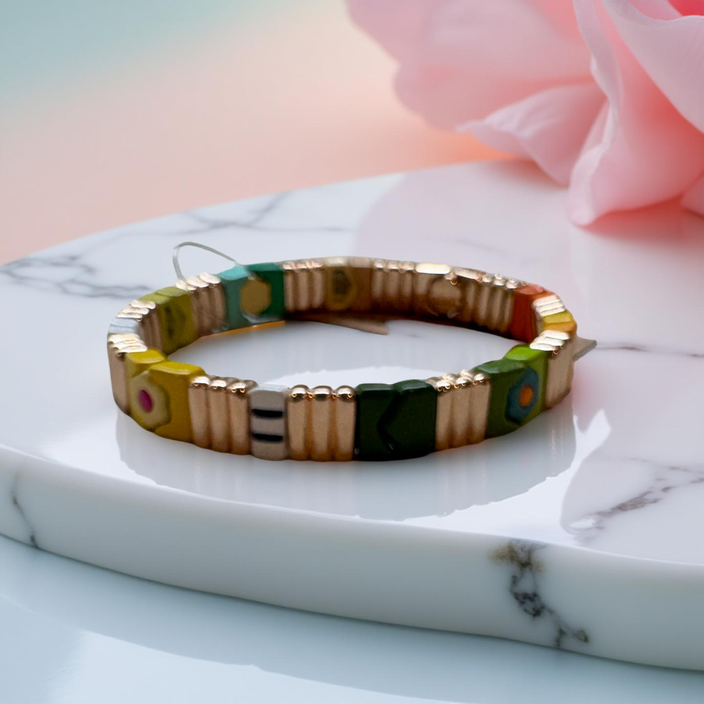Green, Yellow, and Gold Enamel Stretch Bracelet