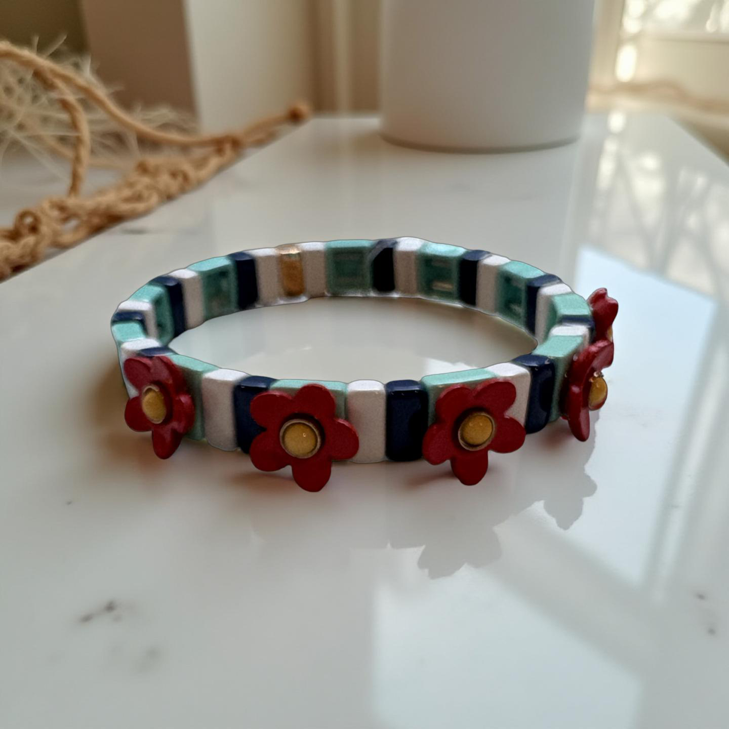 Red Floral Enamel Stretch Bracelet
