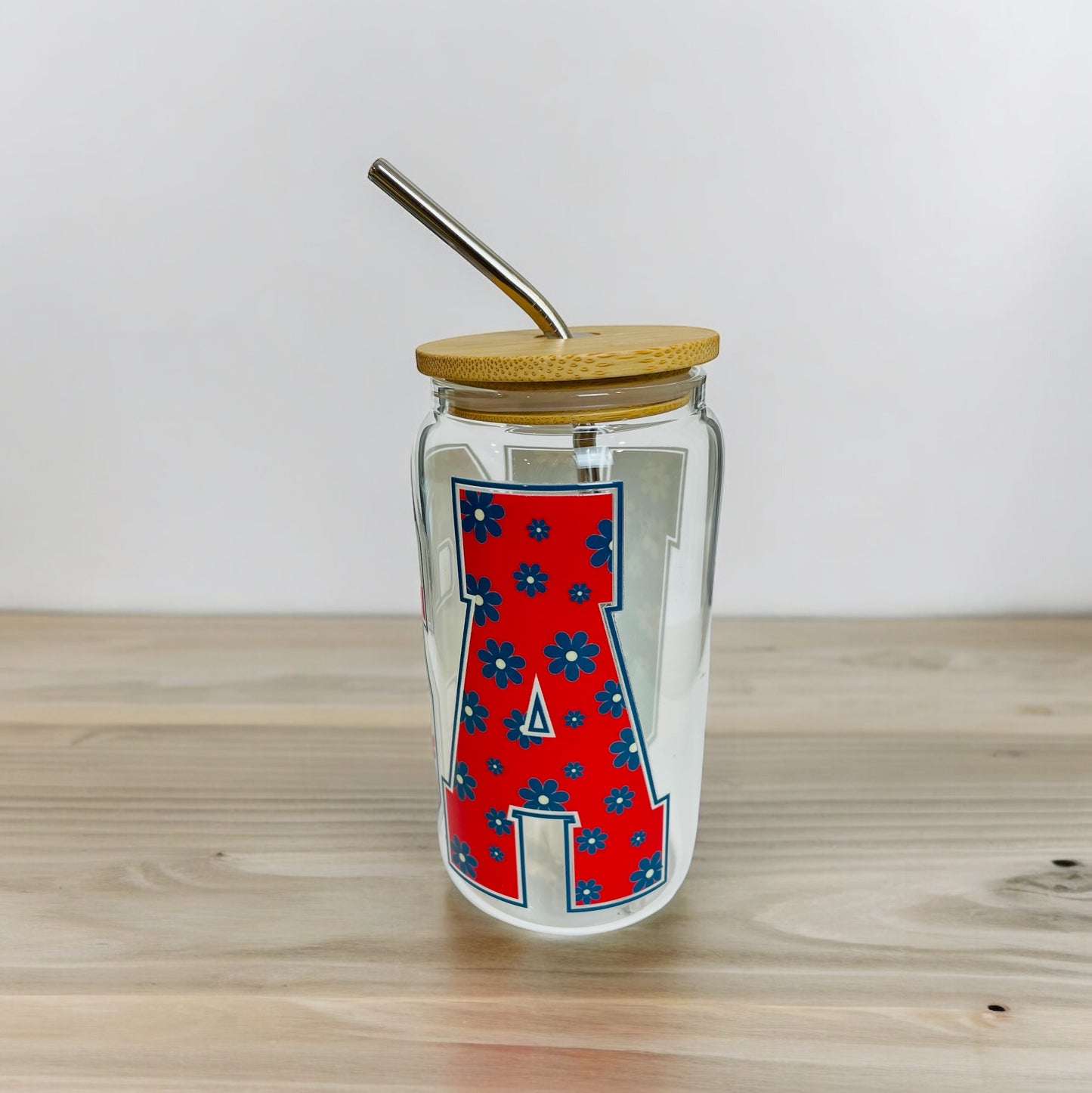 Patriotic USA Glass Cup with Bamboo Lid and Reusable Straw