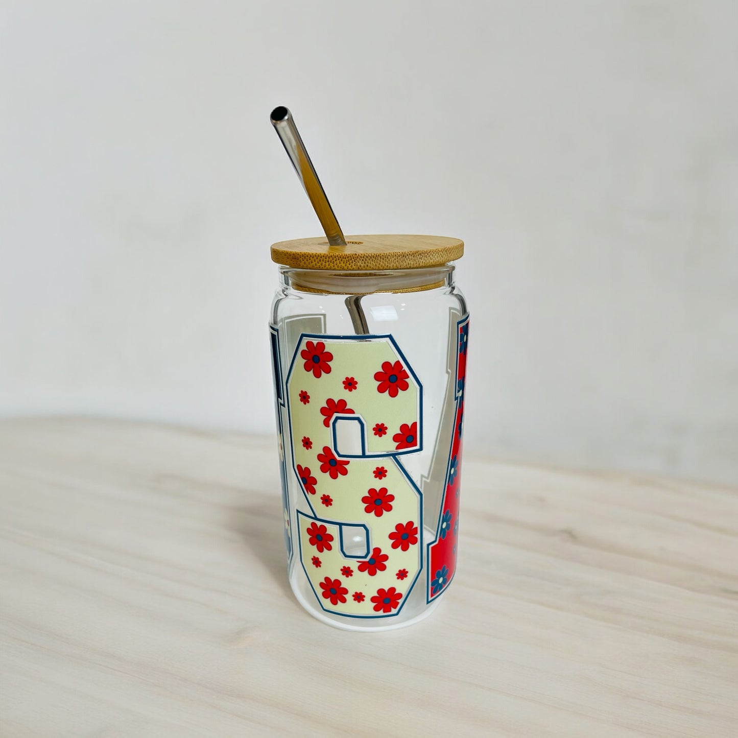 Patriotic USA Glass Cup with Bamboo Lid and Reusable Straw