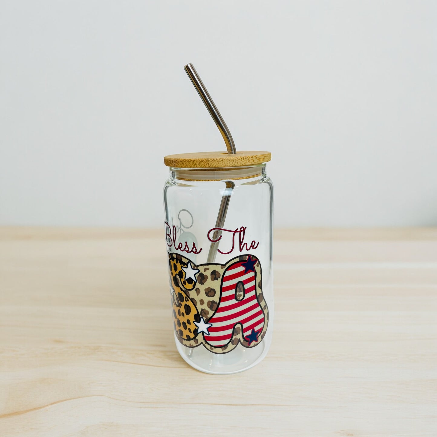 Patriotic God Bless the USA Glass Cup with Bamboo Lid and Reusable Straw