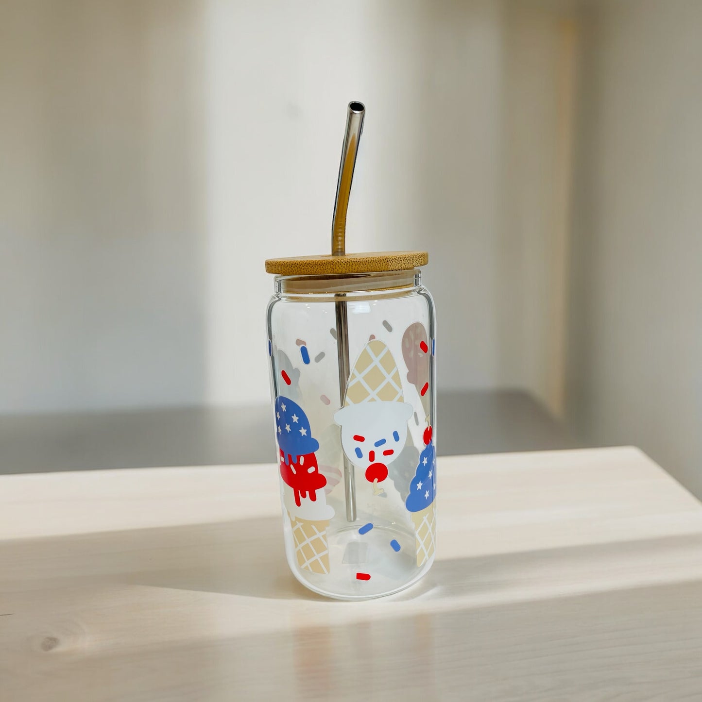 Patriotic Ice Cream Cone Glass Cup with Bamboo Lid and Reusable Straw