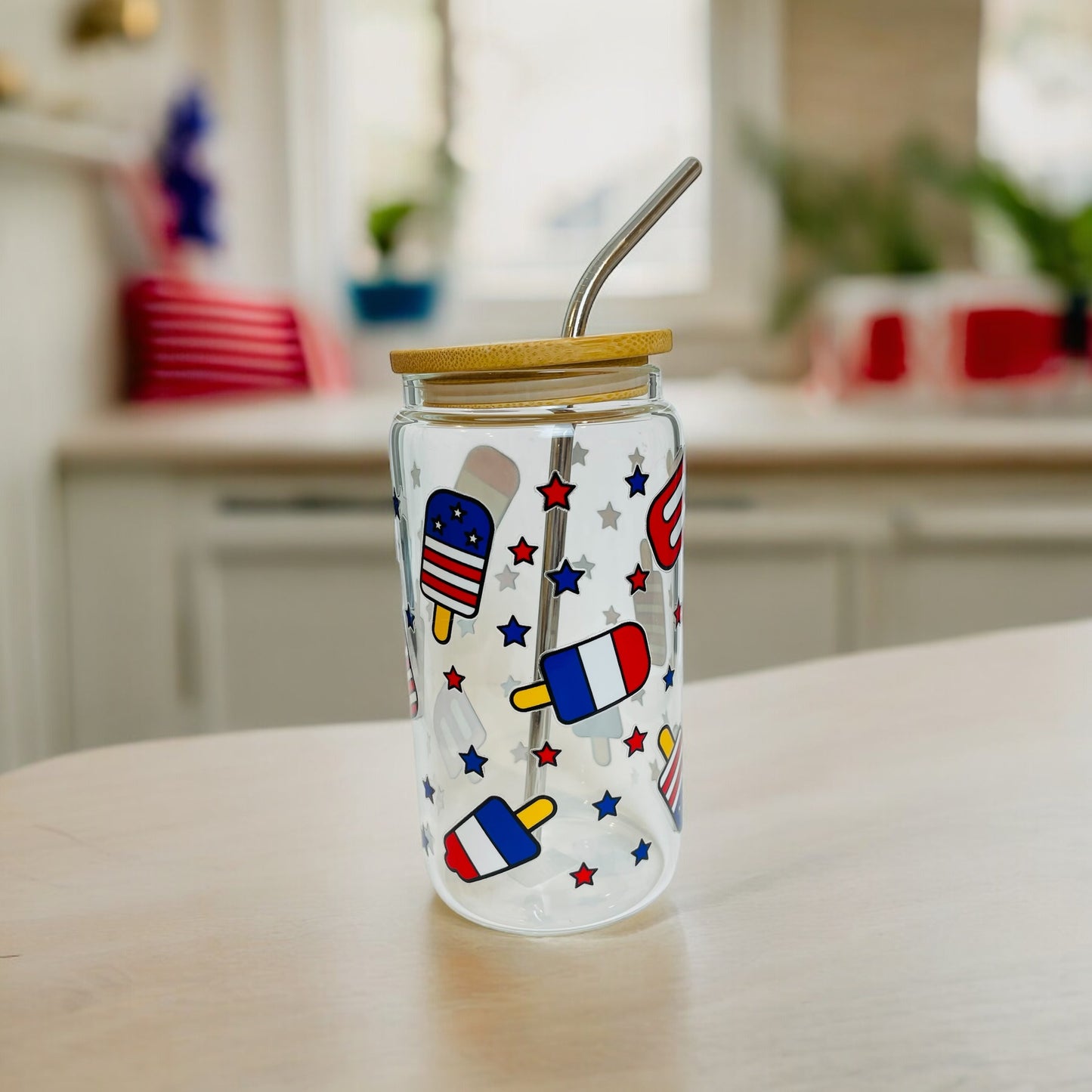 Patriotic Popsicle Glass Cup with Bamboo Lid and Glass Straw