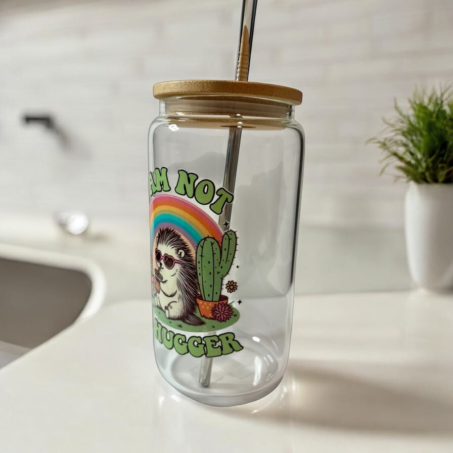Glass Cup with Bamboo Lid and Reusable Straw - Not a Hugger