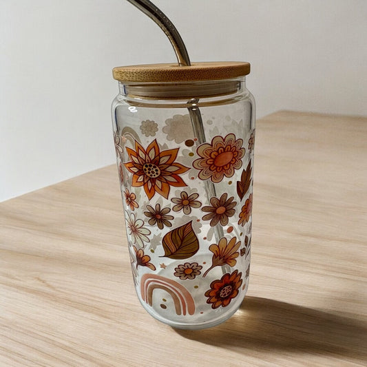 Glass Cup with Bamboo Lid and Reusable Straw - Floral Boho
