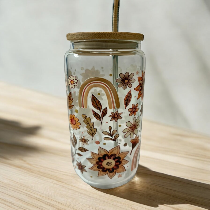 Glass Cup with Bamboo Lid and Reusable Straw - Floral Boho