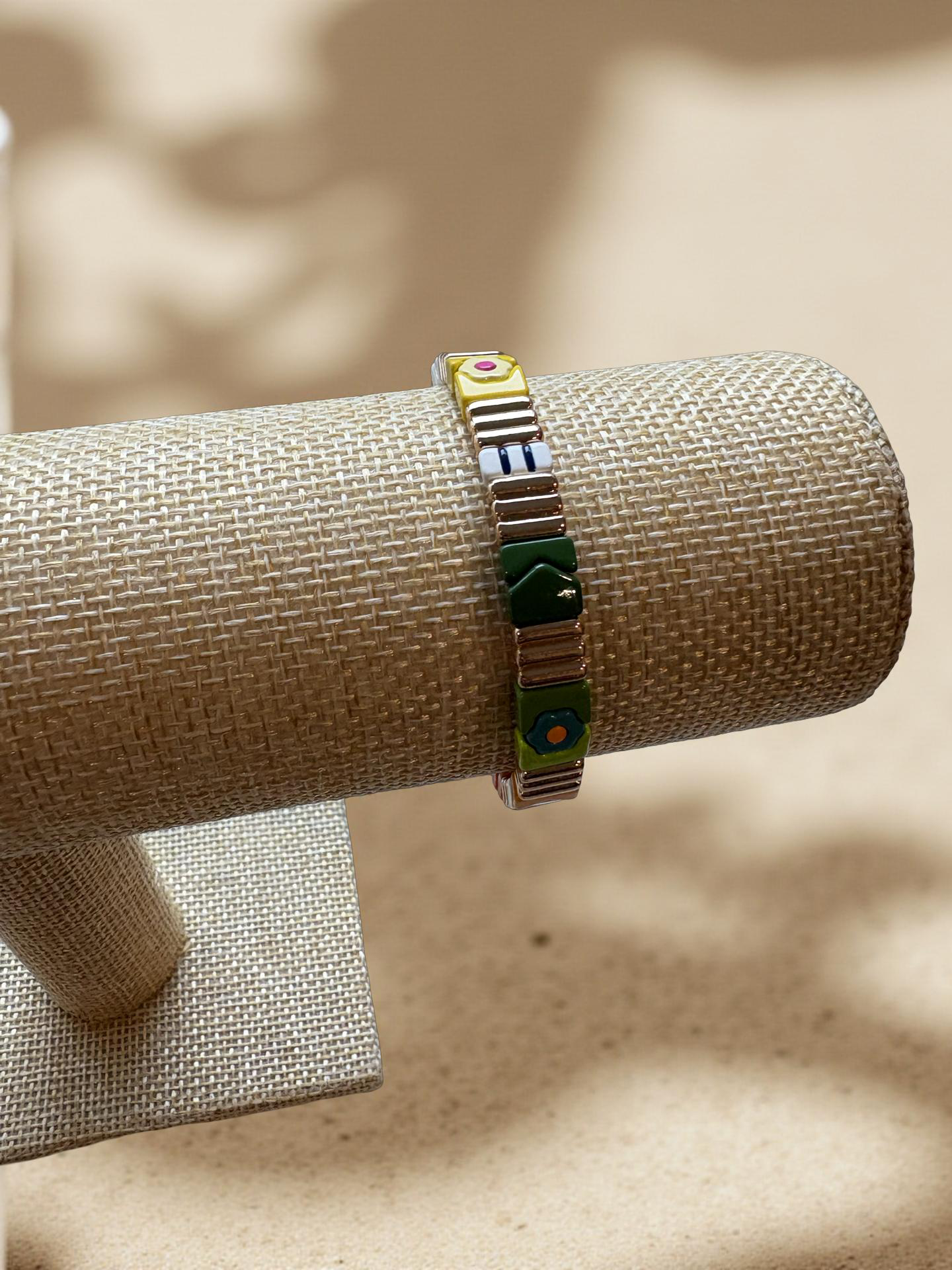 Green, Yellow, and Gold Enamel Stretch Bracelet
