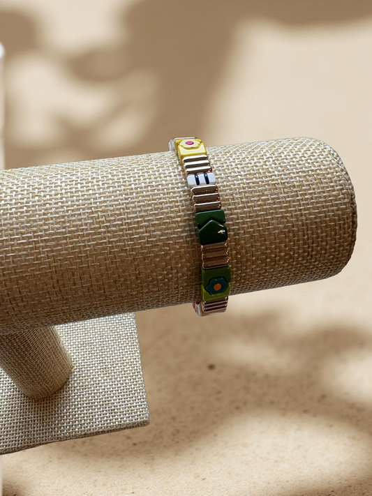 Green, Yellow, and Gold Enamel Stretch Bracelet