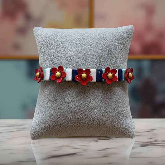 Red Floral Enamel Stretch Bracelet