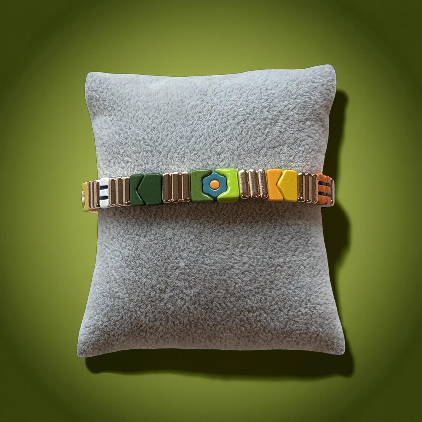 Green, Yellow, and Gold Enamel Stretch Bracelet