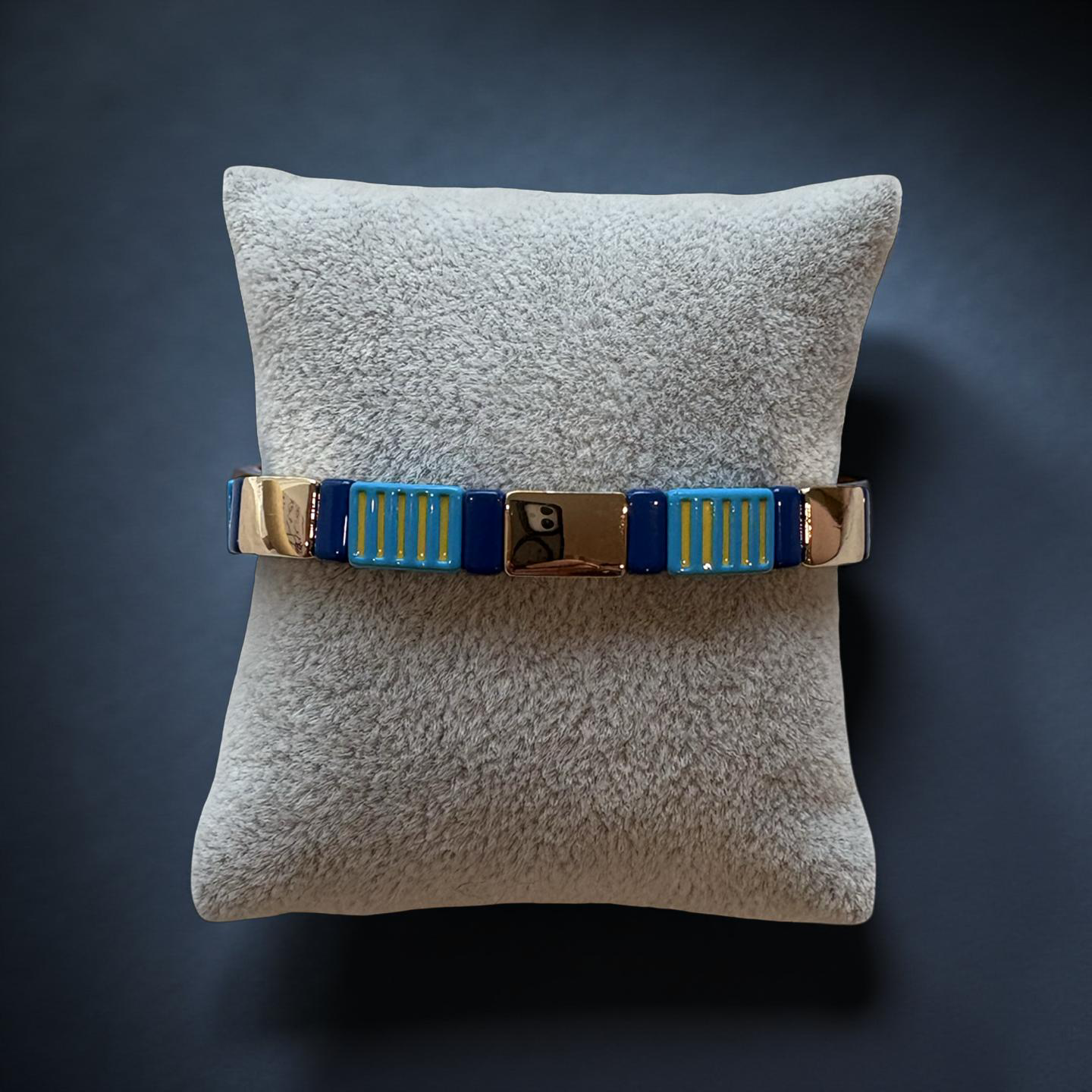 Blue and Gold Enamel Stretch Bracelet
