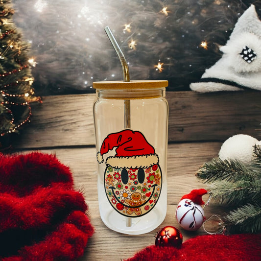 Smiley Face Santa Glass Cup