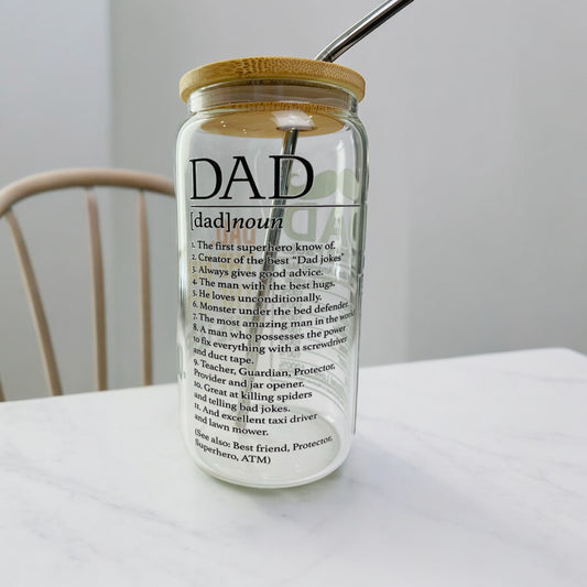 Dad Glass cup with bamboo lid and reusable straw.