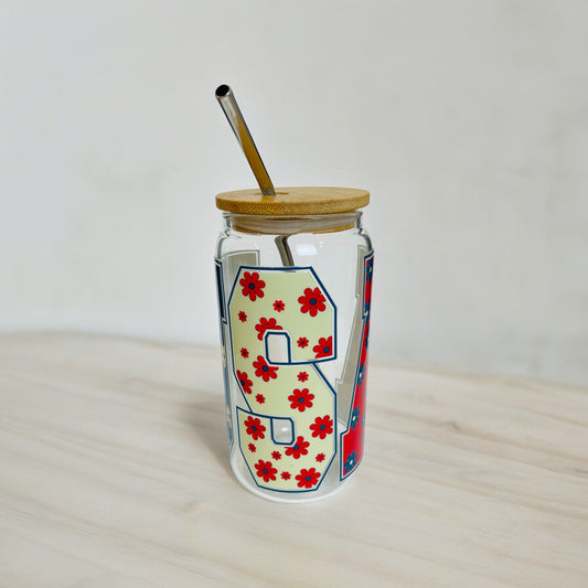 Patriotic USA Glass Cup with Bamboo Lid and Reusable Straw