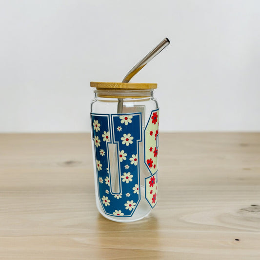 Patriotic USA Glass Cup with Bamboo Lid and Reusable Straw