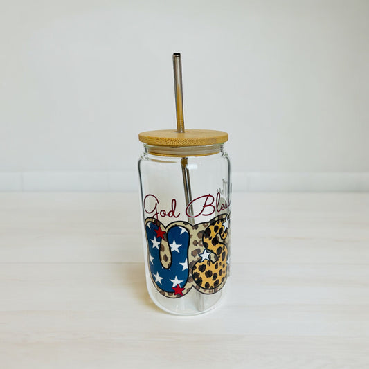 Patriotic God Bless the USA Glass Cup with Bamboo Lid and Reusable Straw