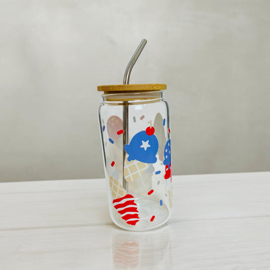 Patriotic Ice Cream Cone Glass Cup with Bamboo Lid and Reusable Straw