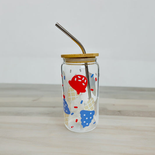 Patriotic Ice Cream Cone Glass Cup with Bamboo Lid and Reusable Straw