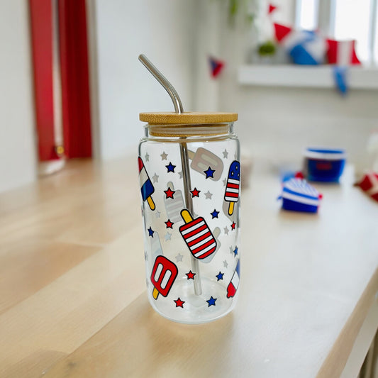 Patriotic Popsicle Glass Cup with Bamboo Lid and Glass Straw