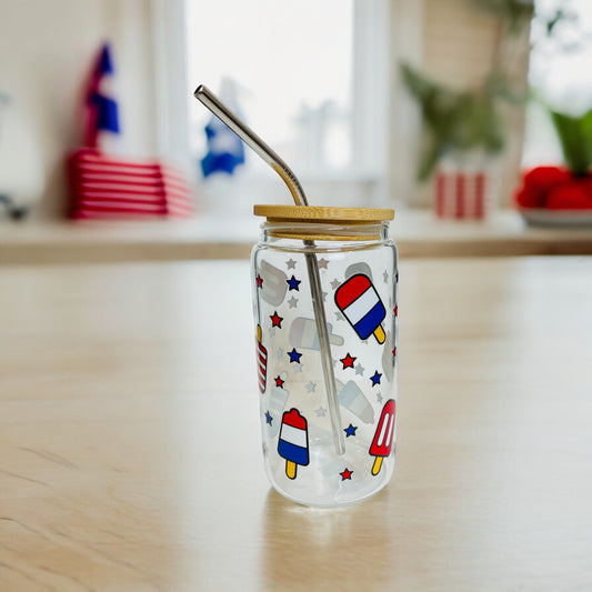 Patriotic Popsicle Glass Cup with Bamboo Lid and Glass Straw