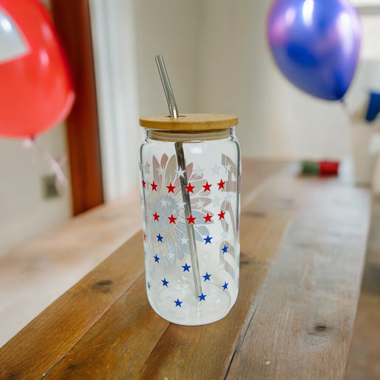 Patriotic USA Glass Cup with Bamboo lid and Reusable Straw