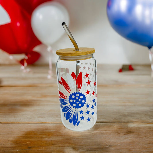 Patriotic USA Glass Cup with Bamboo lid and Reusable Straw