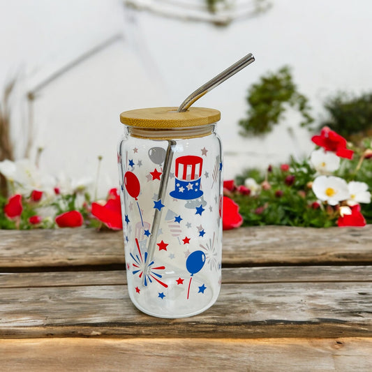 Patriotic Fireworks Glass Cup with Bamboo Lid and Reusable Straw
