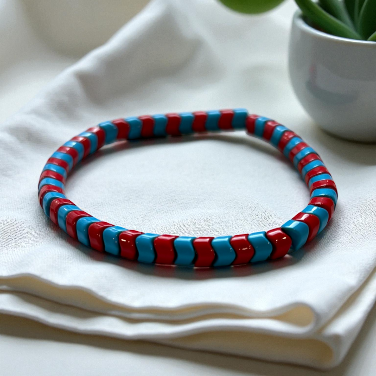 Red and Blue Wavy Spacer Bead Bracelet