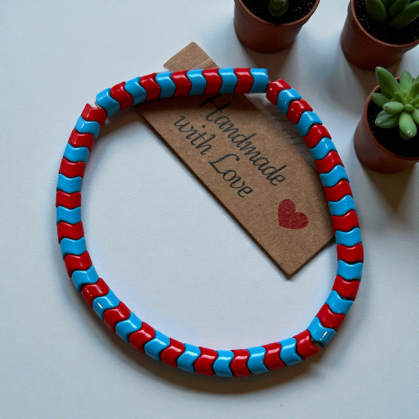 Red and Blue Wavy Spacer Bead Bracelet