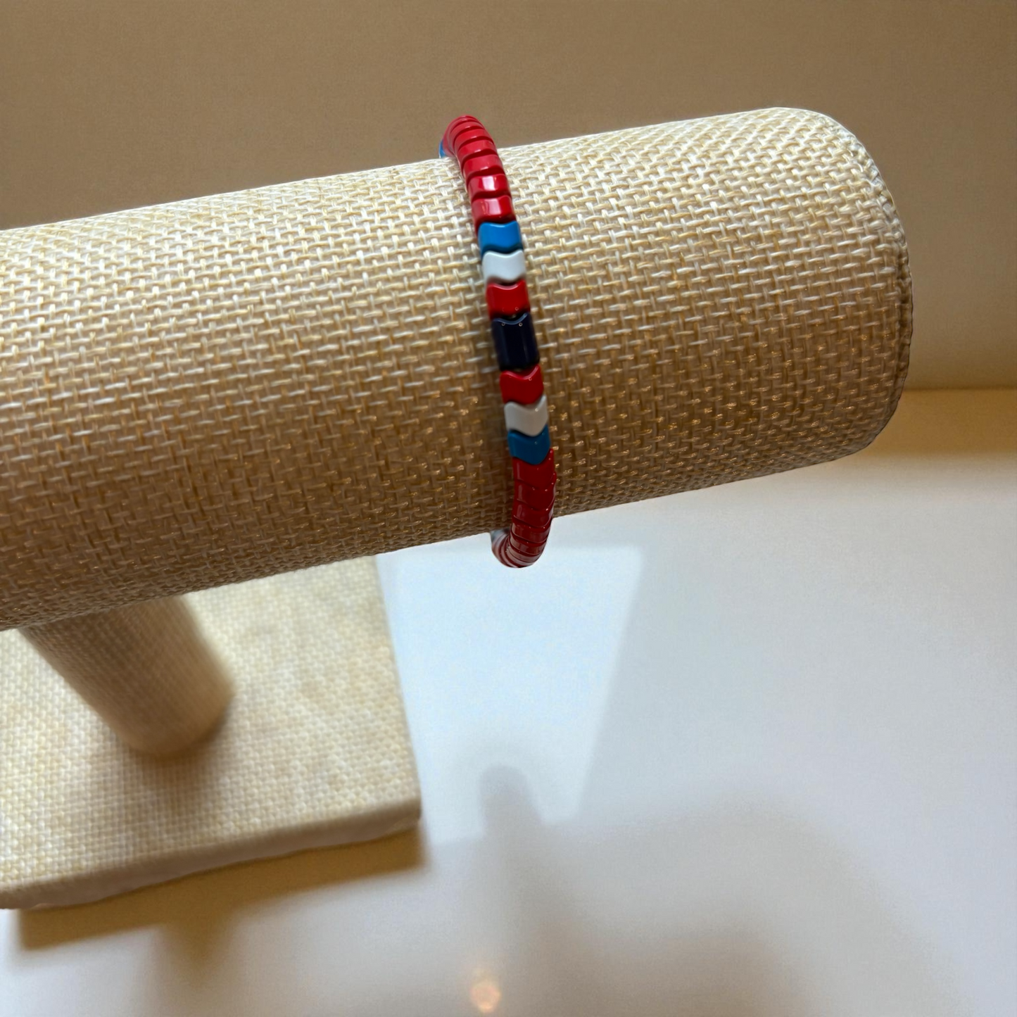 Red, White, and Blue Wavy Spacer Bead Bracelet