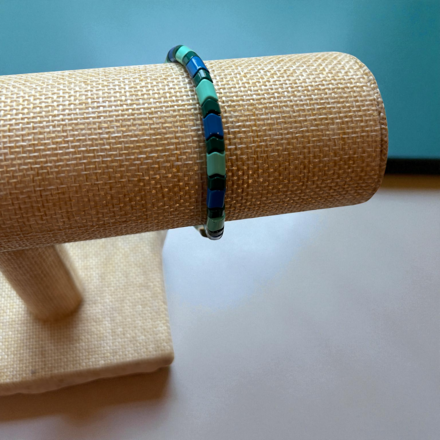 Blue and Green Wavy Spacer Bead Bracelet