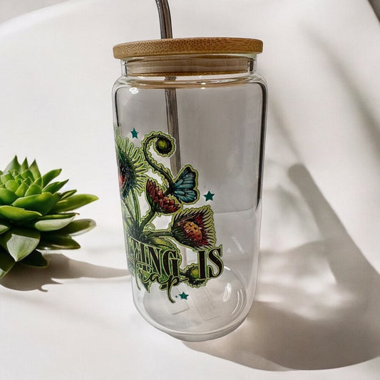 Glass Cup with Bamboo Lid and Reusable Straw - Adulting is a Trap