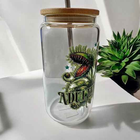 Glass Cup with Bamboo Lid and Reusable Straw - Adulting is a Trap