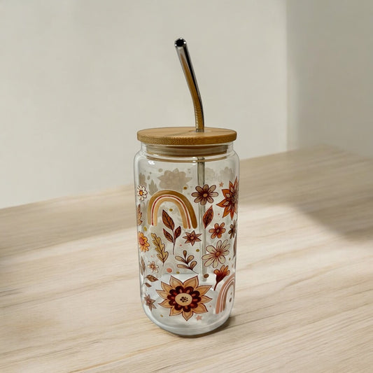 Glass Cup with Bamboo Lid and Reusable Straw - Floral Boho
