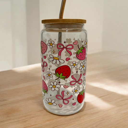Strawberry and Bow Glass Cup